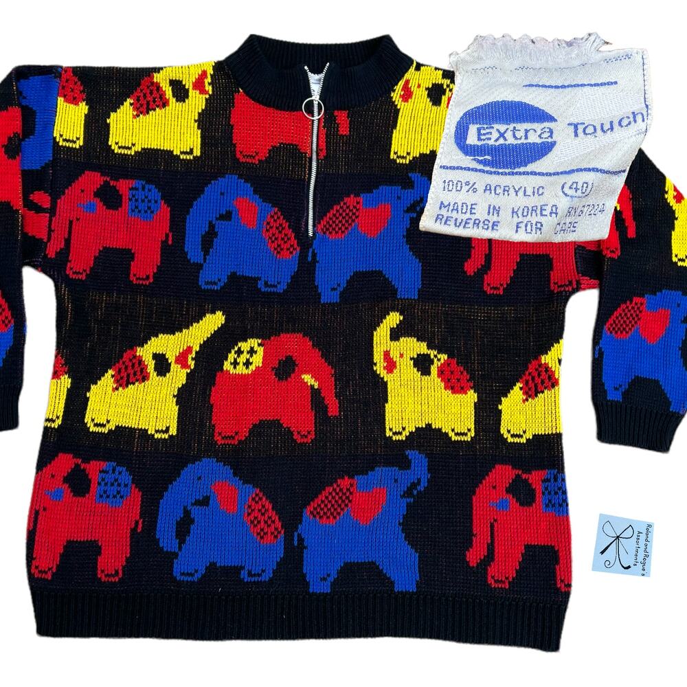 Extra Touch Elephant Mod Pop Art 3/4 Zip Sweater Sz 40